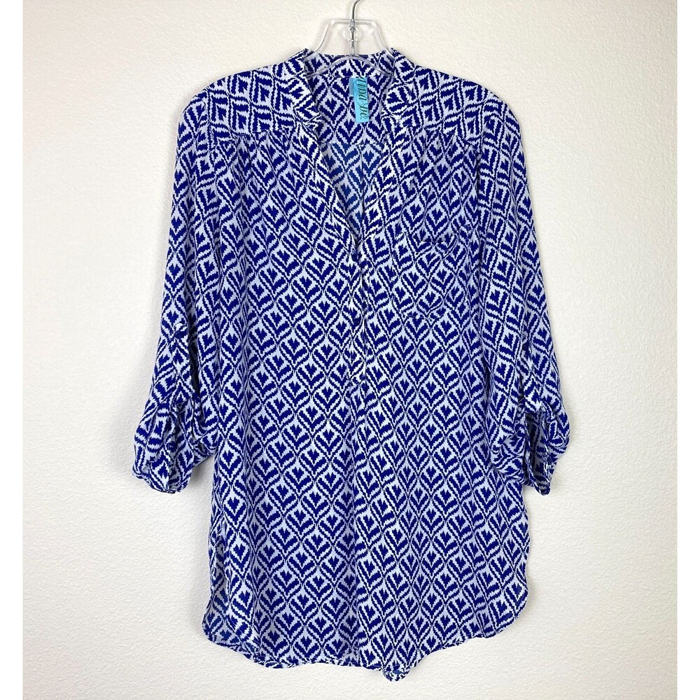 Dina Be Popover Top Size M Blue White Geometric Roll-Tab Sleeve Office Casual
